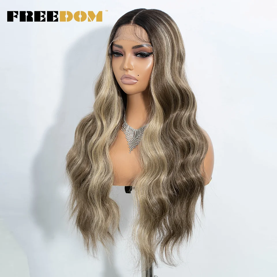 FREEDOM Synthetic Lace Front Wigs For Women 28 Inches Long Body Wave Lace Wig Middle Part Ombre Brown Blonde White Cosplay Wig