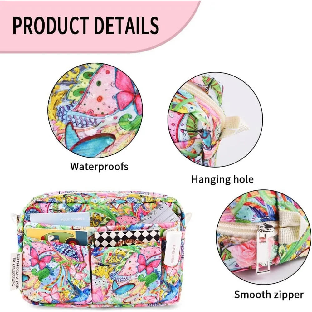 E-WEICHEN Organizer Portofolio Banyak Saku dengan Ritsleting, Tas Makeup Perlengkapan Perjalanan untuk Wanita, Alat Tulis Tahan Air Sederhana