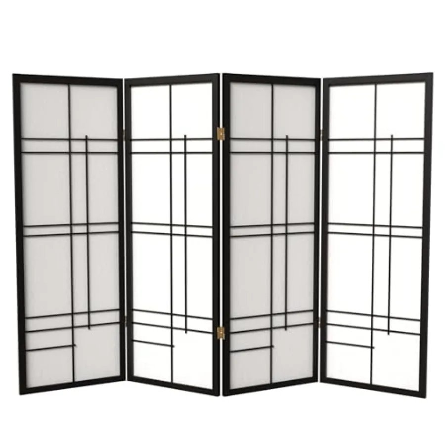 Biombo corto Eudes Shoji de 4 pies - Negro - 4 paneles - Separador de ambientes interior - Marco de bambú ligero - Paneles de papel translúcido
