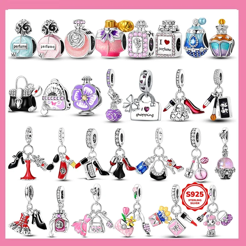 Nuevo Charm Original de Plata de Ley 925 con Diseño de Bolsa de Perfume y Tacones Altos, Compatible con Pulseras Originales, Joyería DIY para Mujer, Regalo