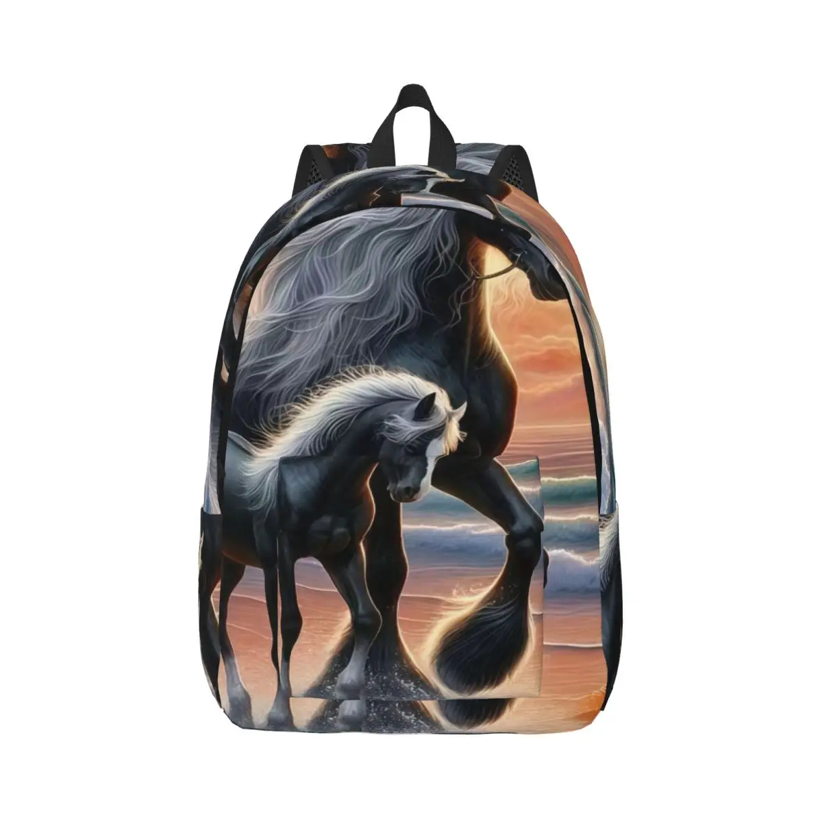 Galaxy Space Print Backpack Fresh Student Backpack Center Black Horse Foal Beach Moon Fantasy Wildlife Black Oran Summer Bookbag