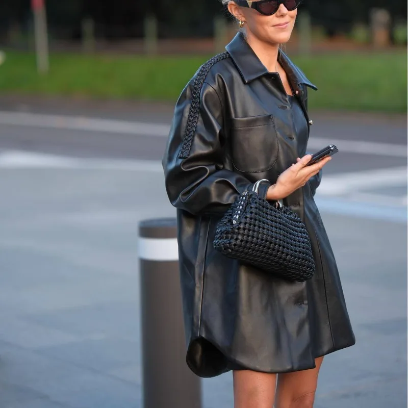 Women Elegant Fashion Loose Motor Biker Jacket Spring Autumn Black Faux LeatherShirt Jackets PU Leather Blouses Basic Coat