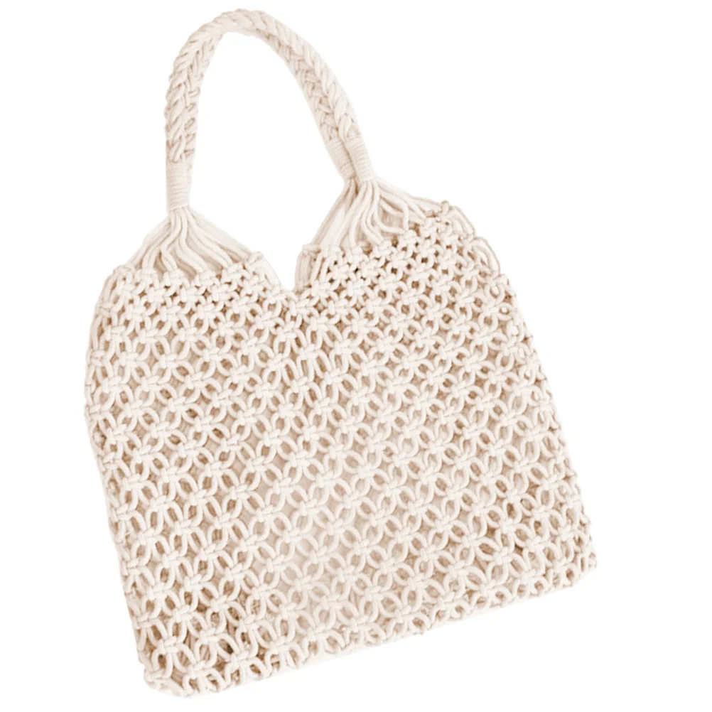 Grid Beach Bag The Tote Crochet Straw Summer Cotton Rope Woven Shopping Bags Trendy Handbag