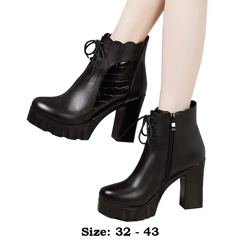 

high quality short ankle leather boots for women 10cm high heel platform new 2025 autumn winter 32 33 43 fashion shoe black