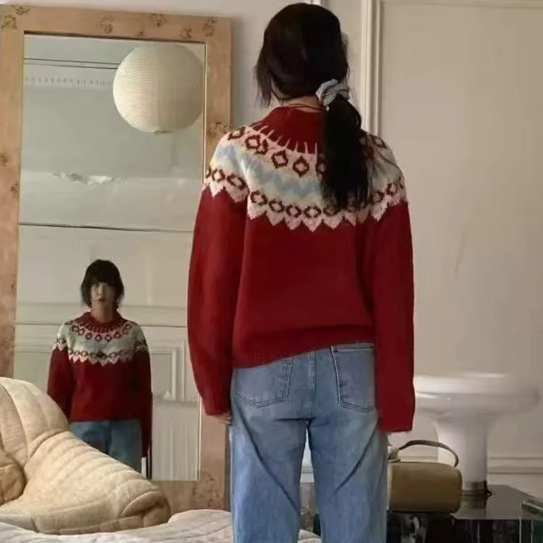 Женский свободный вязаный свитер на осень-зиму в скандинавском стиле в стиле ретро, повседневная футболка с внутренней частью Fair Isle, топ на голову