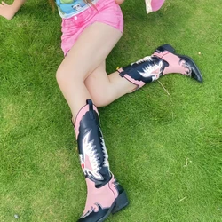 2024 New Pink Stitching Pointed Western Cowboy Cowgirl Boots 43 Size Female Knee High Mid Calf Women Boots