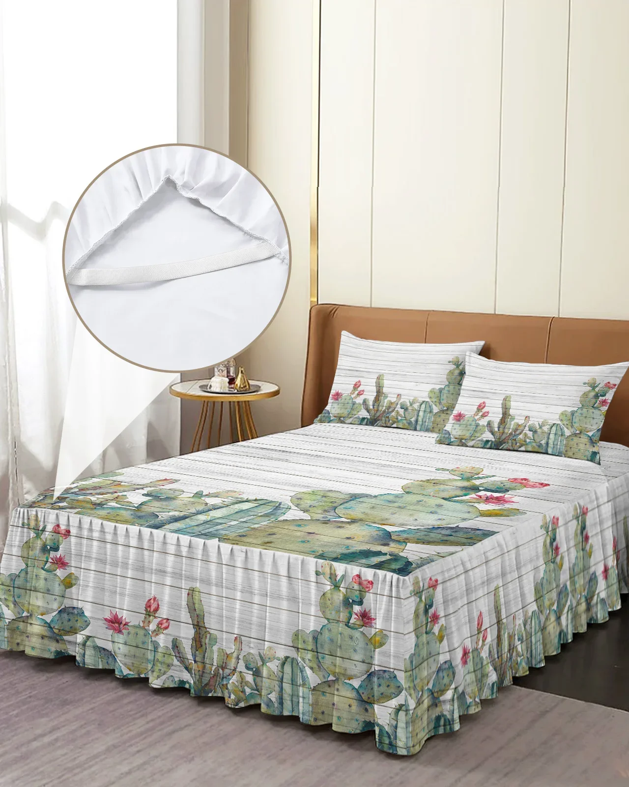 Cactus Tropical Plant Wood Board Texture Bed Skirt Fitted Bedspread With Pillowcases Mattress Cover Bedding Set Bed Sheet