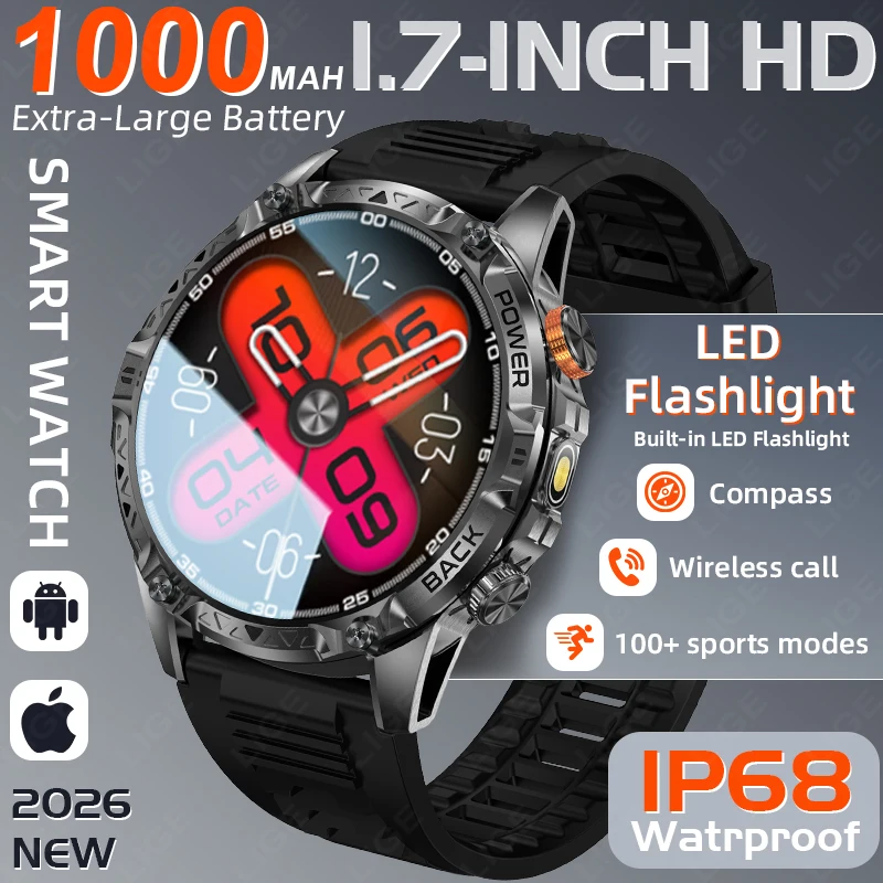 

Смарт-часы с аккумулятором 1000 мАч, новинка 2026 года, с фонариком, водонепроницаемые, для спорта и фитнеса, с Bluetooth-звонками, военного класса, для мужчин