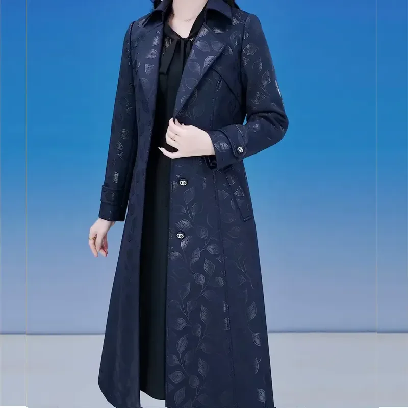 

Chic Jacquard Casual Trench Coat Women's Overcoat Spring Autumn New High Quality Long Loose Belt Windproof Windbreaker