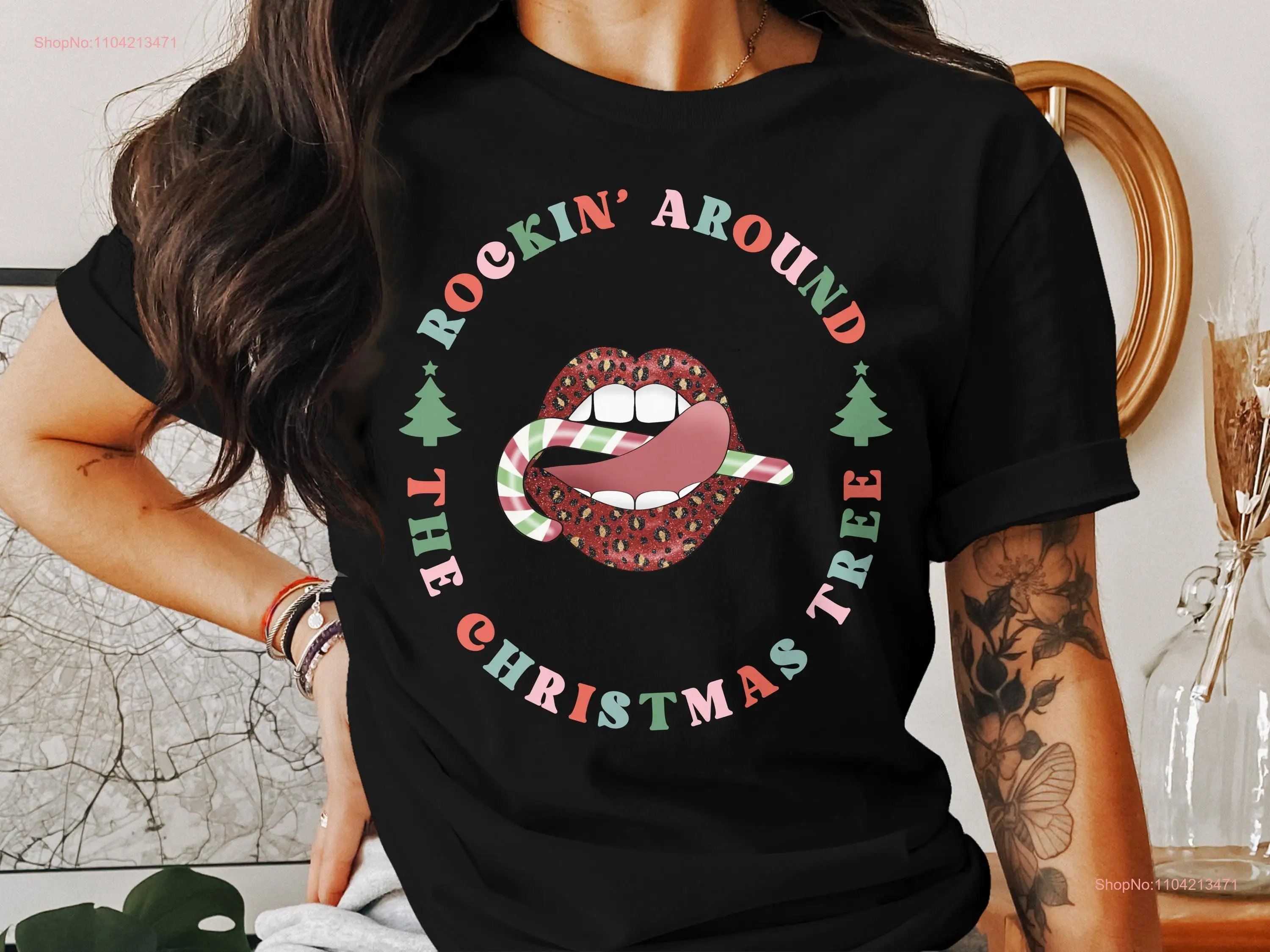 Rockin' Around The Christmas Tree T shirt Funny Lips Holiday Candy Cane  long or short sleeves