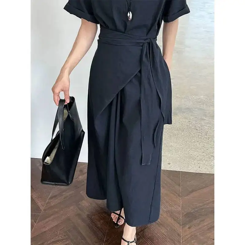 เดรสเสื้อยืดทรงเอ แขนสั้น ผูกไขว้ ช่วงเอวเข้ารูป ใส่สบายสำหรับฤดูร้อน