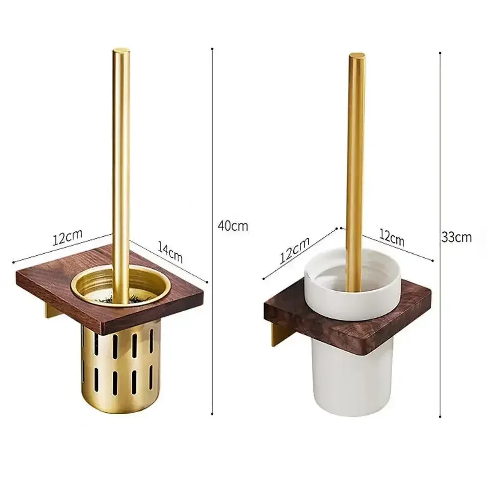 Aluminum Antique Wall Mounted Toilet Brush Holder, Ceramic Cup, WC Brush Rack Shelf Set, Walnut Brushed Gold, No Punch