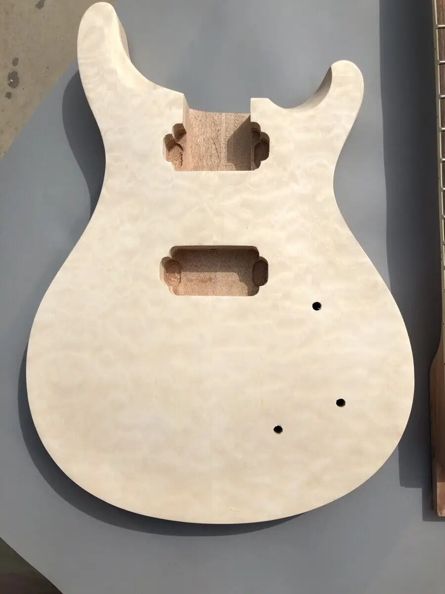 Yinfente Electric Guitar Body Replacement for HH Pickup Quilted Maple Veneer Perforated Unfinished for DIY Project Amateur