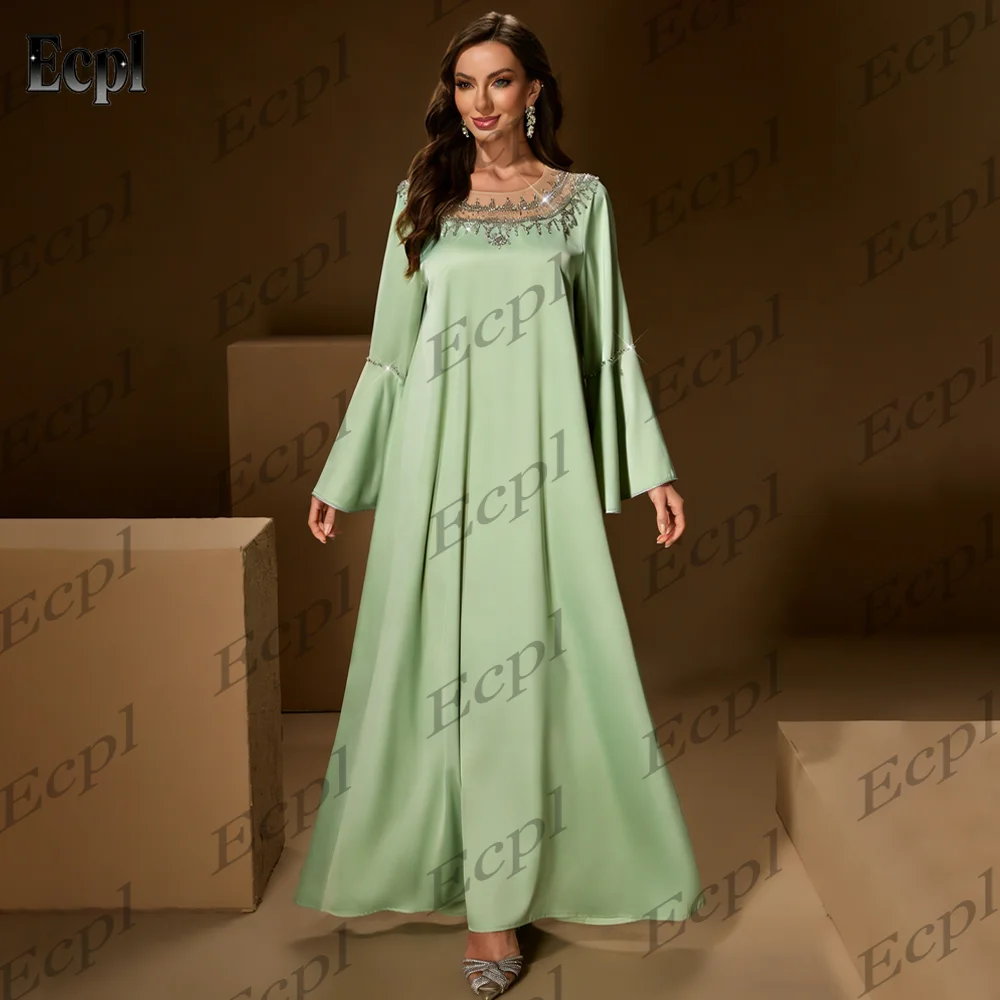 

2026 Elegant Crystal Long Sleeve Prom Party Gown Formal A-Line O-Neck Evening Dress Back Neck فساتين للمناسبات ا