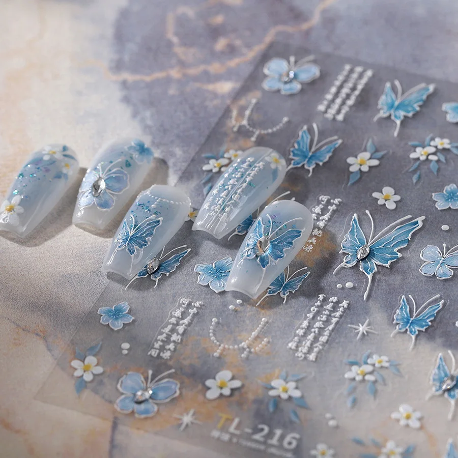 Blaue Schmetterling Blumen glänzende Strass 3d selbst klebende Nail Art Aufkleber chinesischen Stil polarisierte Maniküre Aufkleber Großhandel