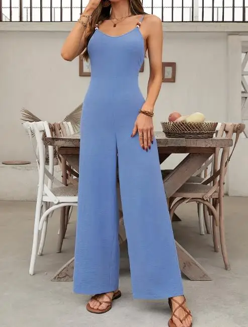 

Jumpsuit Women 2025 Spring Summer New Solid Color Fashion Breathable V-Neck Sleeve High Waist Casual Wide Leg Suspender Jumpsuit