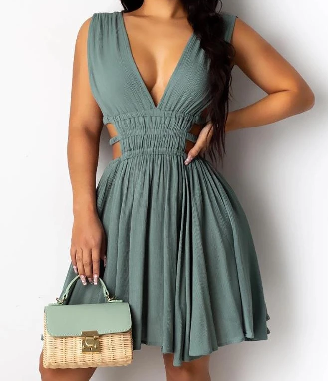 Robe d'été sans manches pour femmes, nouvelle collection, tempérament Sexy, taille haute, col en v, couleur unie, élégante, Mini robe de soirée moulante