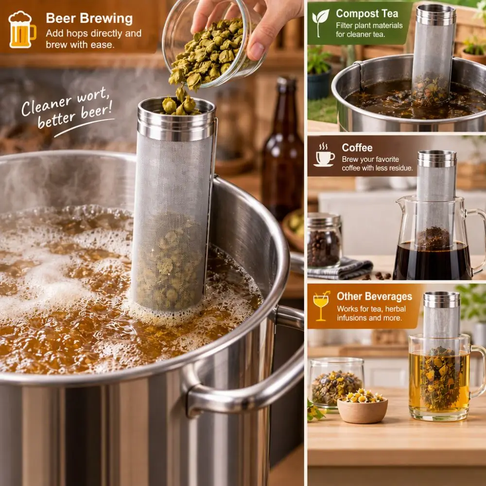 304 Stainless Steel Beer Brewing Filter Silver 300 Micron Mesh Mesh Filter Cartridge Cleaning Brush Included Dry Hopper Filter