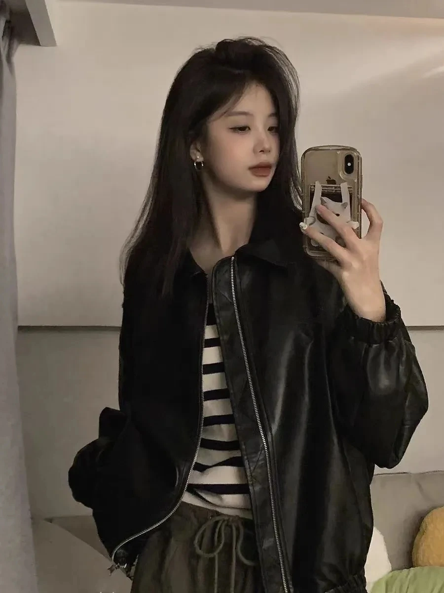 Vintage ins China-Chic Motorcycle Leather Coat Women's Spring and Autumn 2025 New Loose Casual Maillard Design Top