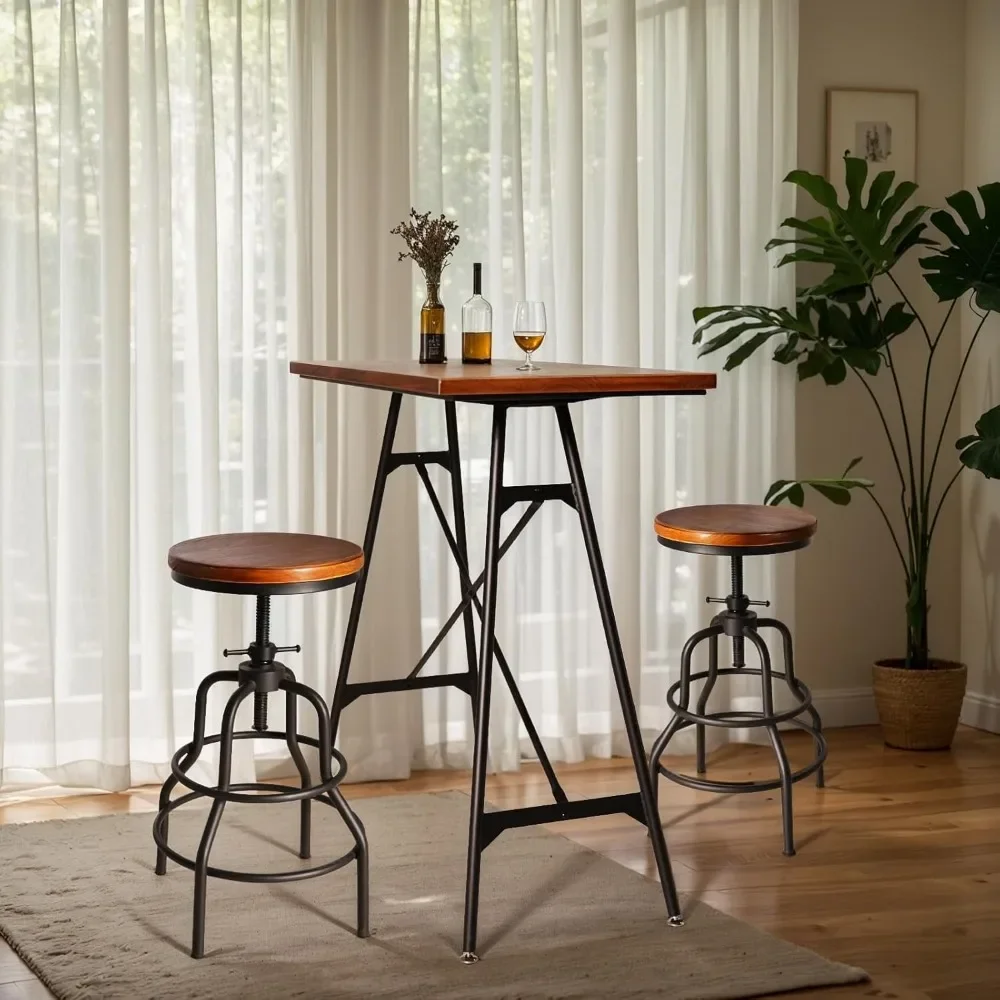

Modern Industrial High Top Bar Table & Chairs Set, with 2 Adjustable Swivel Stools, Black Metal Base & Brown Wood Top