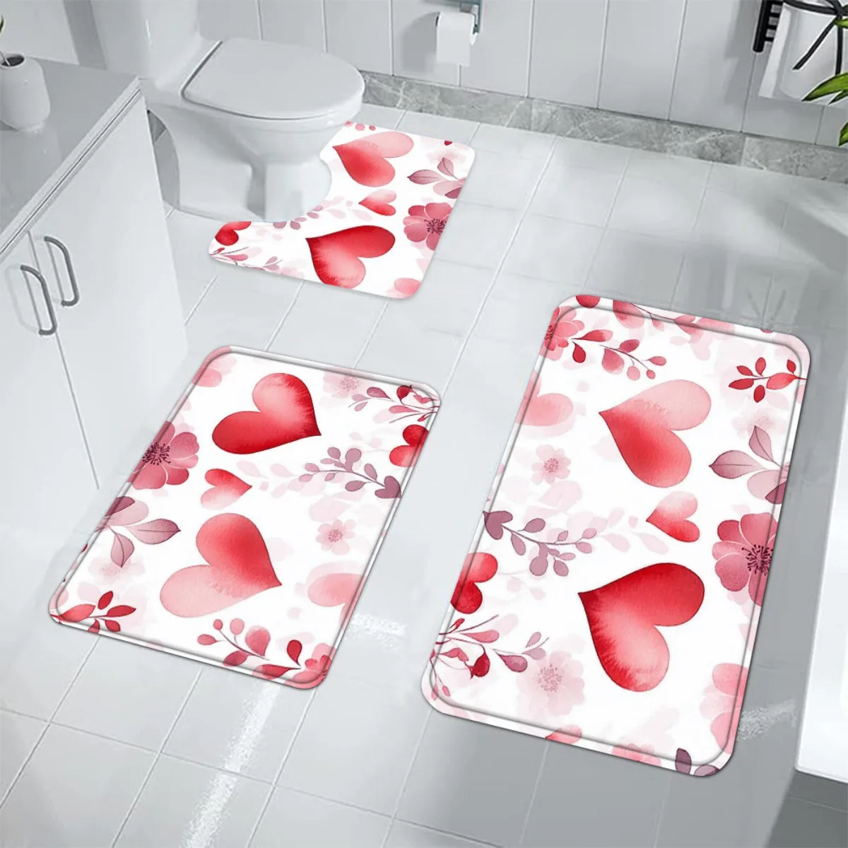 

Romantic Red Heart Flower Print 3 Piece Bath Mat Set Anti Slip Soft Absorbent Toilet Seat Cover Home Decor Bathroom Accessories
