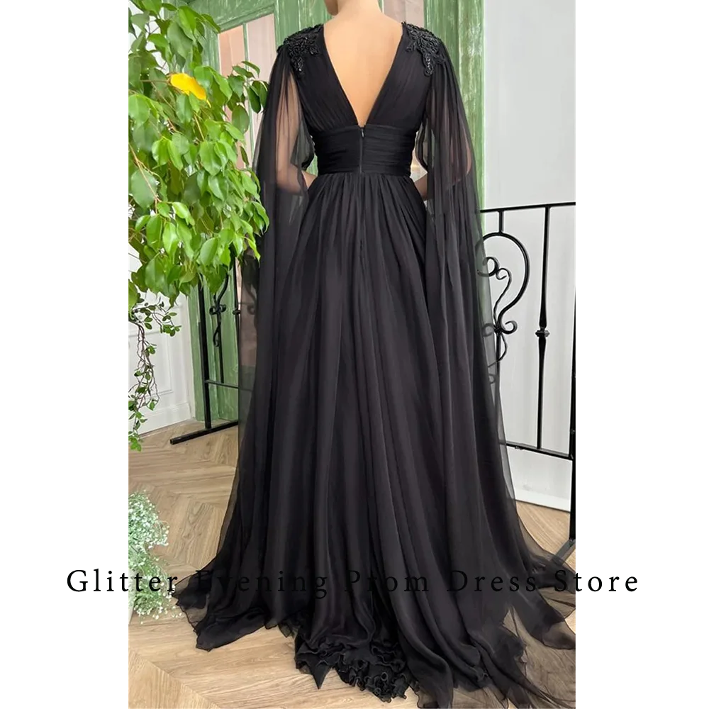 2024 Simple Black Prom Dresses For Women A-Line V-Neck Pleat Backless Appliques Chiffon Custom Made Birthday Evening Party Grows