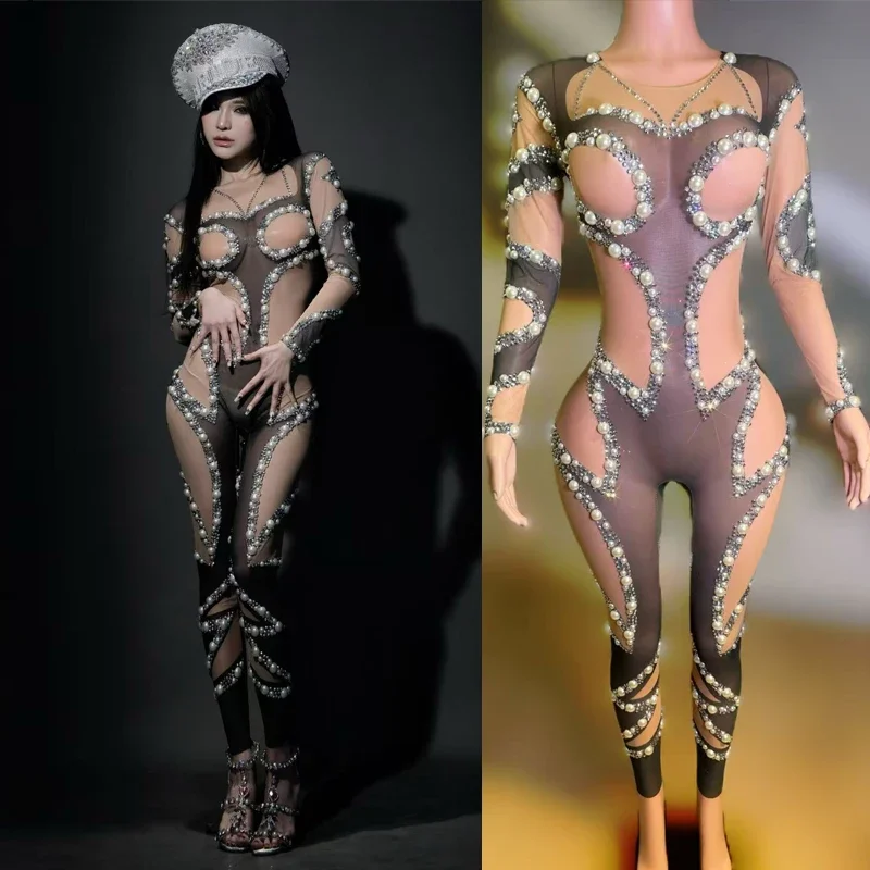 Nightclub  Dj Party Gogo Costume Fake Hollow Mesh Pearls Jumpsuit Women Pole Dance Clothing Singer Rave Outfit