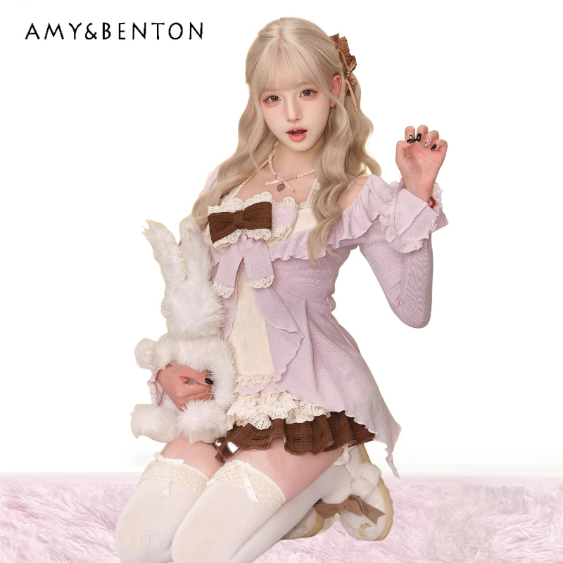

Japanese Summer New Apricot Lace Splicing Bow Women's Sling Original Purple Sweet Knitted Cardigan Cute Cake Skirt Set Ladies