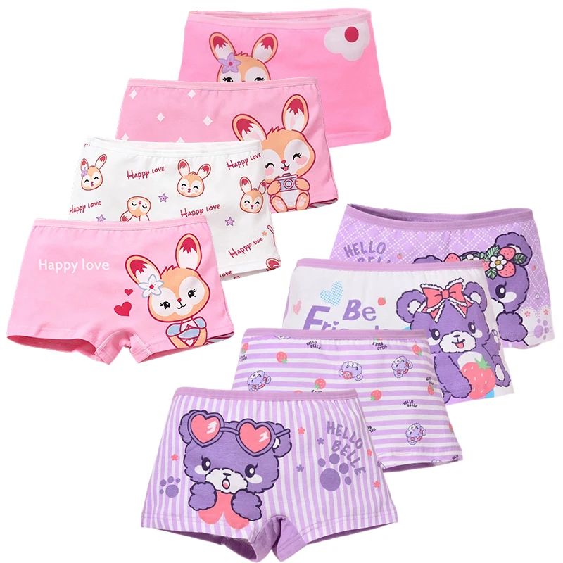 4-Piece Beautiful Girls Panties Skin-friendly Cotton Children Underwear with Rabbit Strawberry Cute Bear Cartoon Girls Boyshorts