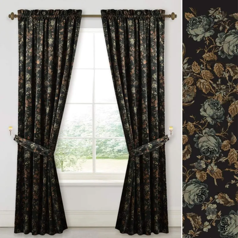 Black Velvet Curtains 84 inches Long - Printed Floral Design Home Decoration Luxury Thermal Insulated Blackout Window Tre