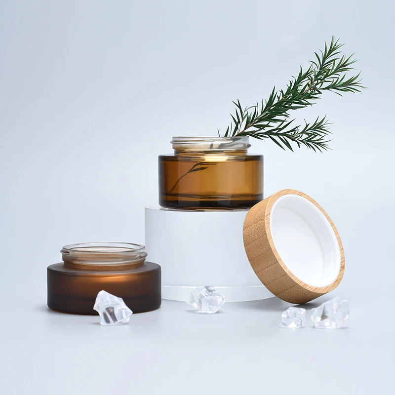 Wholesale 100pcs/lot 15g 20g 30g 50g cosmetic cream containers frosted amber glass jar with  bamboo wood lid engraving logo