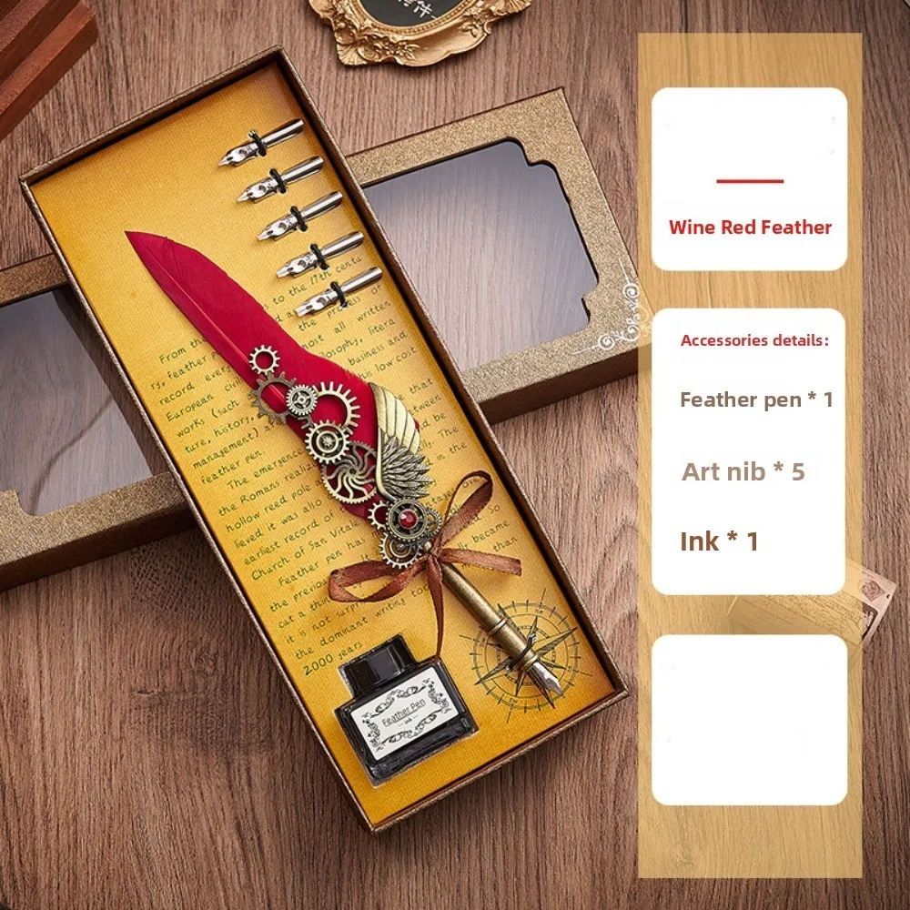 

Ручка в стиле ретро-панк с водяной ручкой, сменная 5-наконечная металлическая ручка для подписи в европейском стиле, авторучка, винтажная роскошная ручка с перьями