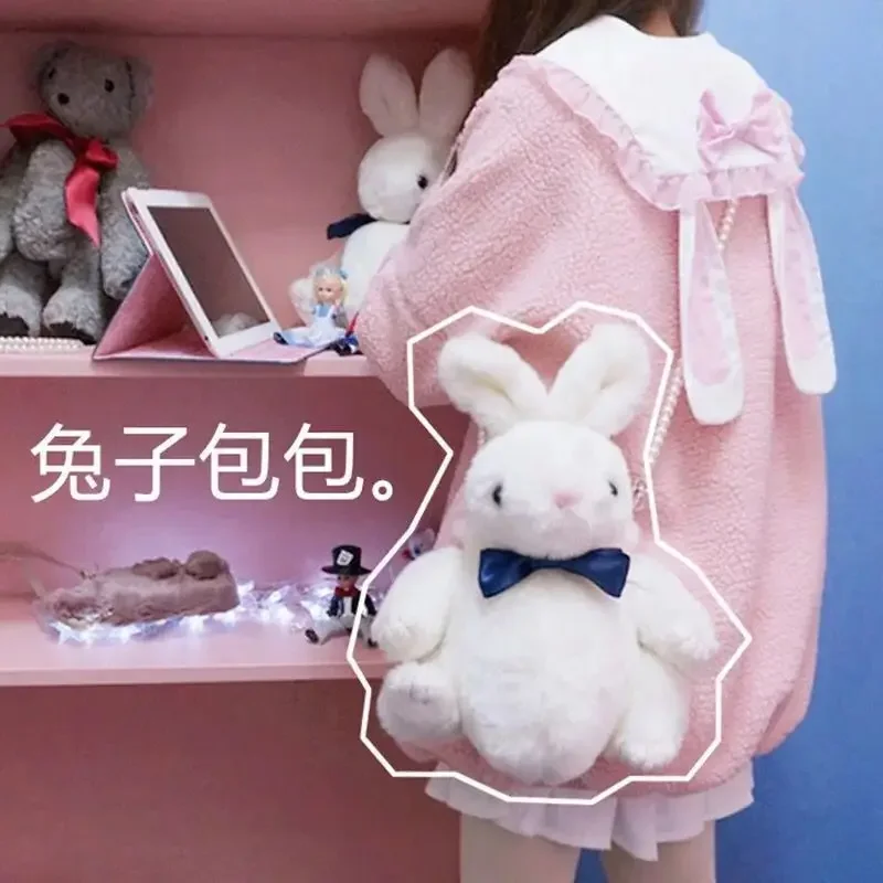 Kawai Meisje Konijntje Tas Lolita Zijden Strik Zacht Knuffel Pop Enkele Schouder Draagbare Parelketting Tas Kerstcadeau