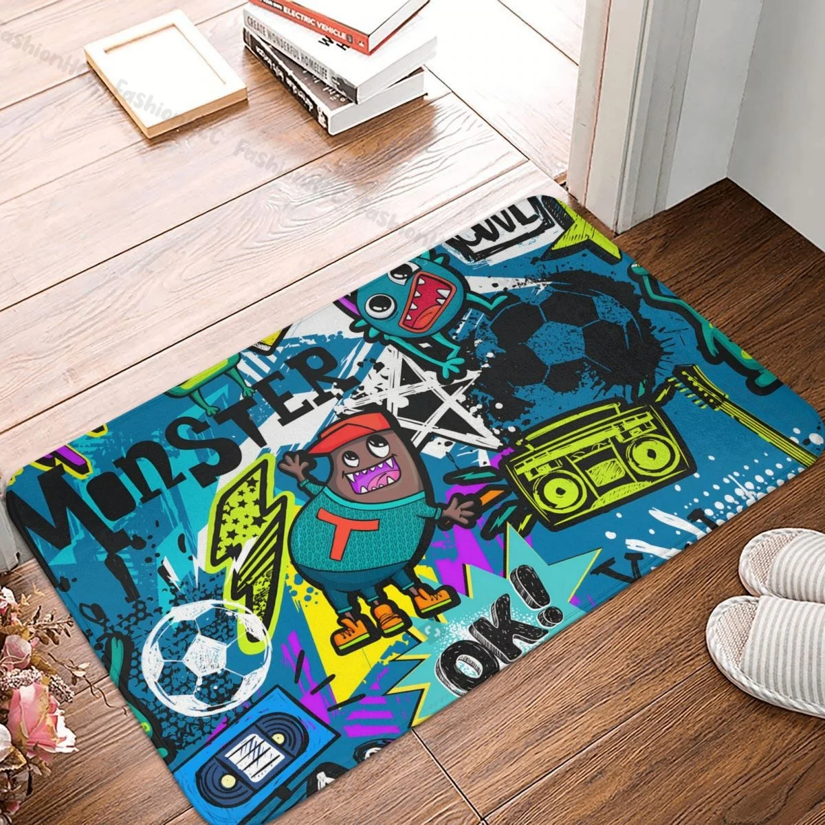 Graffiti Art Doormat Kitchen Mat Grunge Elements Spray Paint Ink Electro Guitar Soccer Ball Balcony Carpet Welcome Rug