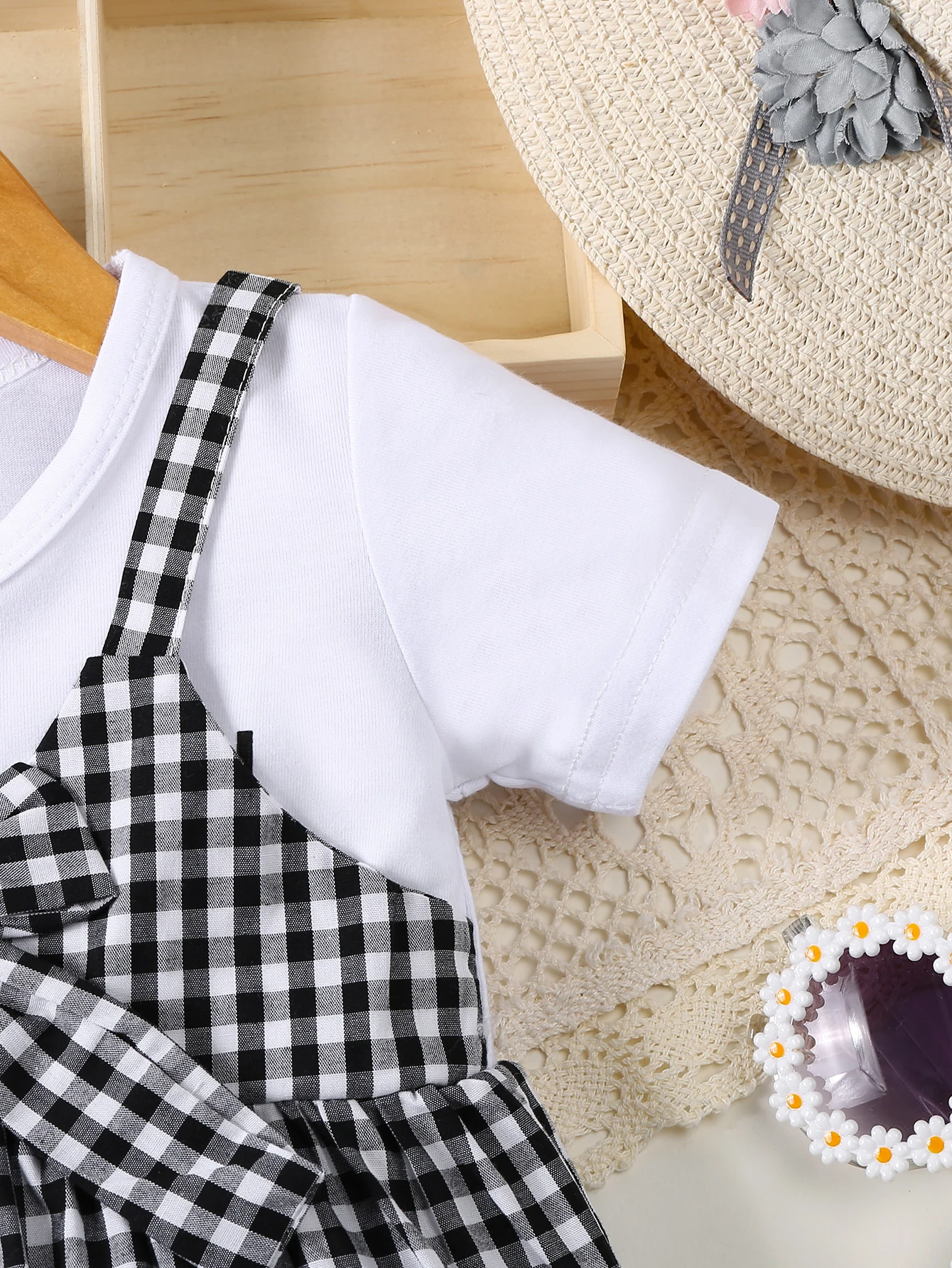 فستان كاجوال للفتيات الصغيرات مطبوع عليه حروف محبوكة بأكمام قصيرة مرقع منقوش مزيف مكون من قطعتين مزين بفيونكة فستان صيفي #4