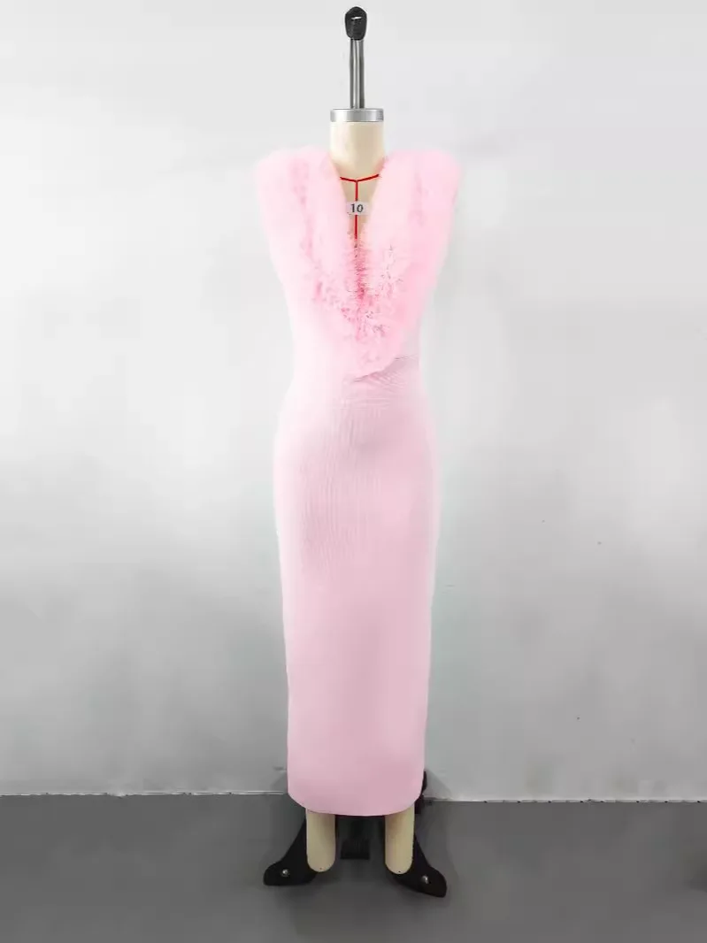 2025 novo chique de luxo feminino celebridade sexy sem mangas malha babados vestido rosa elegante festa à noite clube vestido