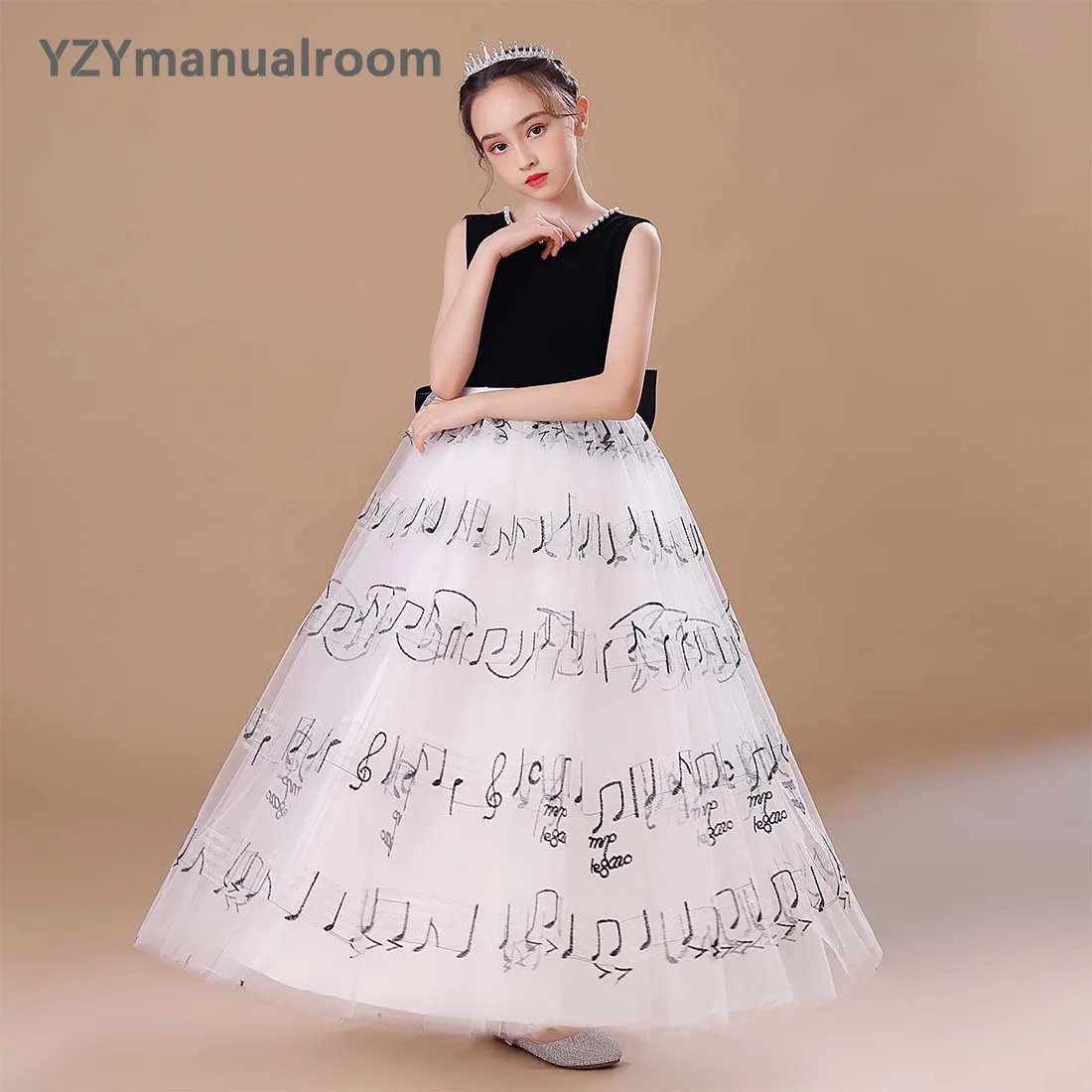 

Princess Tulle Girls Dress O Neck Junior Bridesmaid Dresses Christmas Long Junior Concert Bithday Party Pageant Gown Music Note