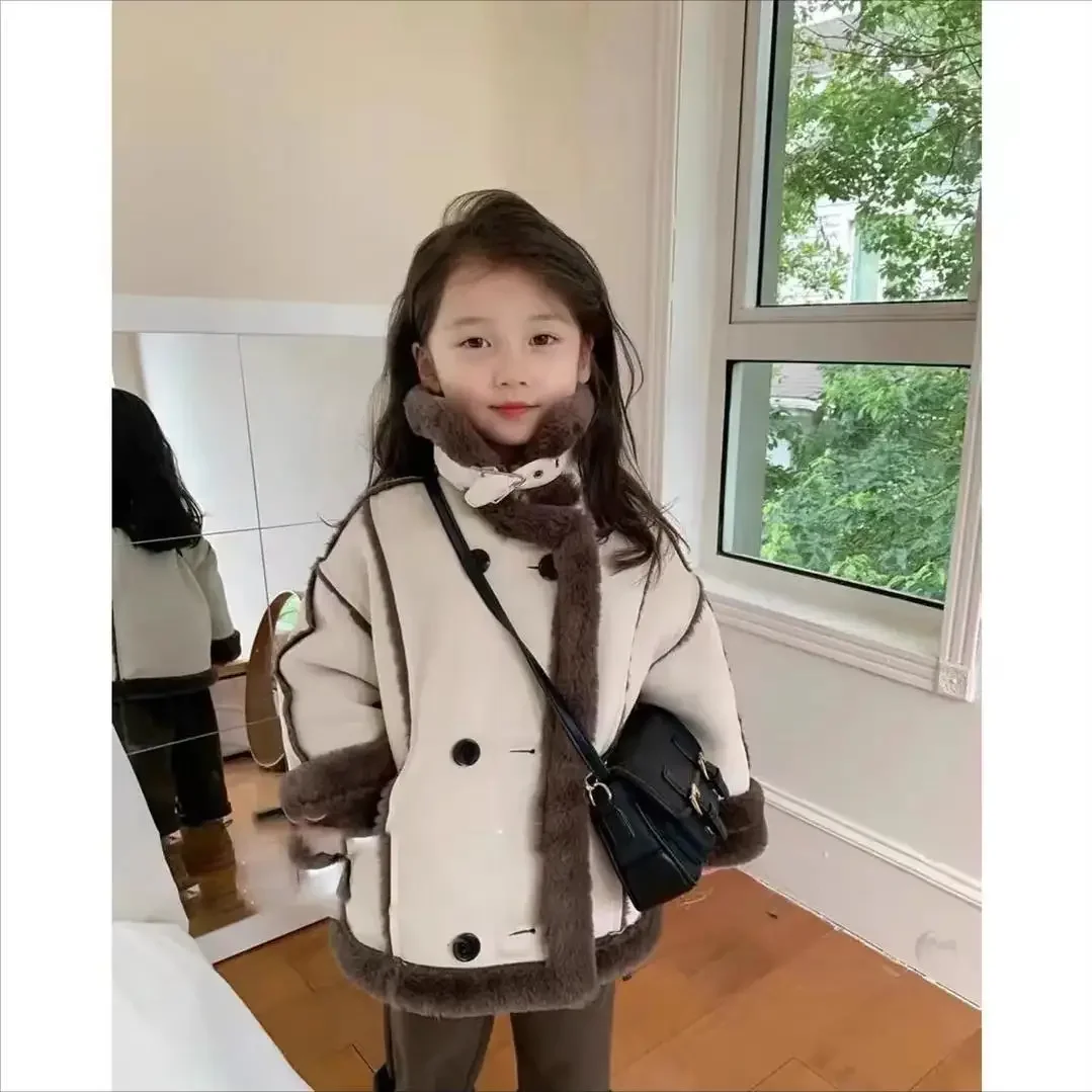 Girls Baby Coat Autumn Winter Korean Cool Motorcycle Style Leather and Fur Integrated Children Windproof Warm and Plush Clothes