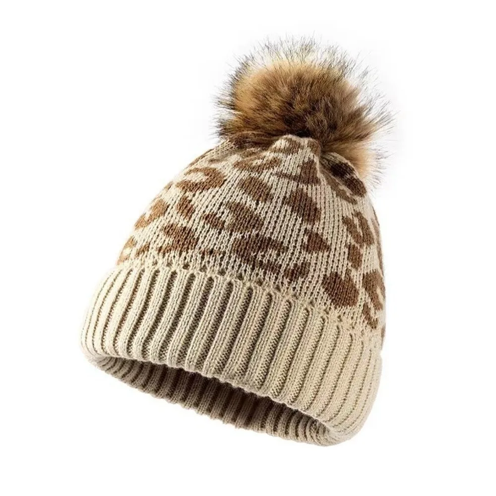

Trendy Thickened Leopard Print Hat Cozy Curled Edge Wool Ball Hat Warmth Woolen Hat Unisex