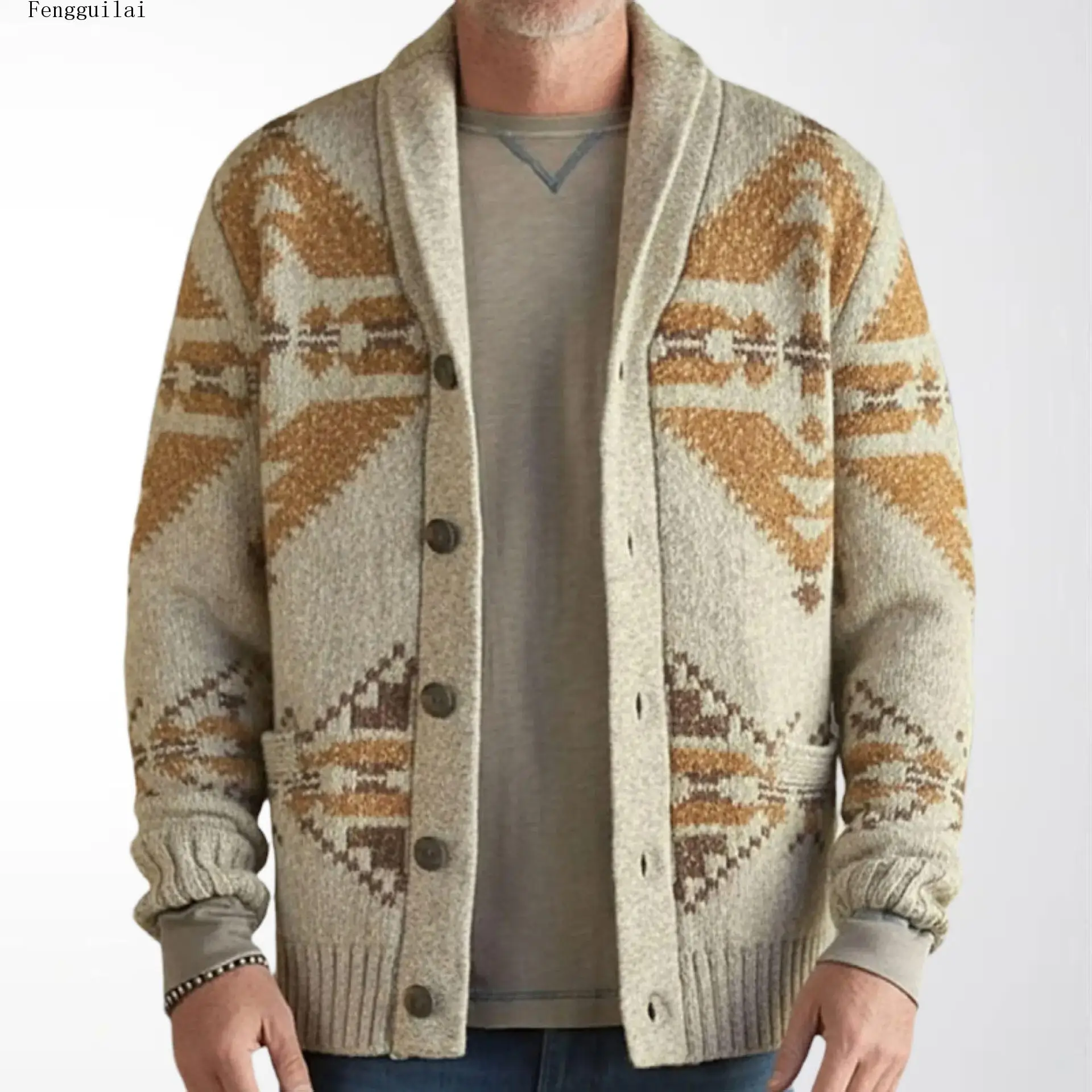 Autumn Winter Men Retro Ethnic Geometric Jacquard Cardigan Shawl Collar Button Knitted Sweater Jacket With Pockets Casual Warm O