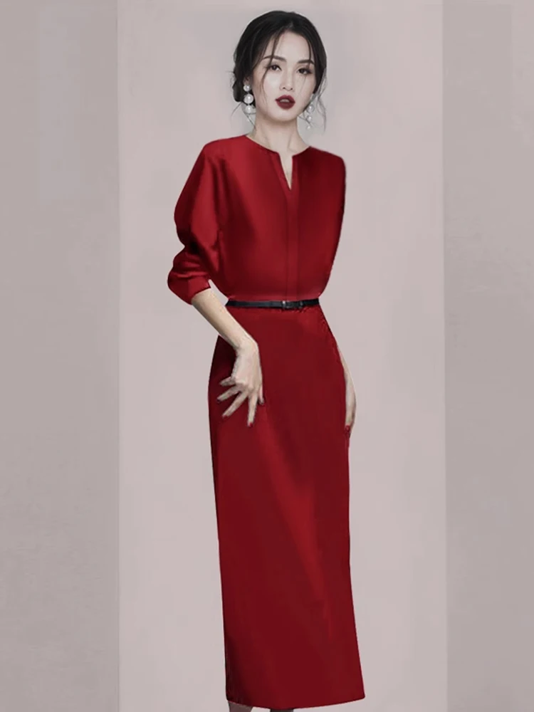 2024 Women's Clothing French style wine red long sleeve dress Spring Summer New No.69