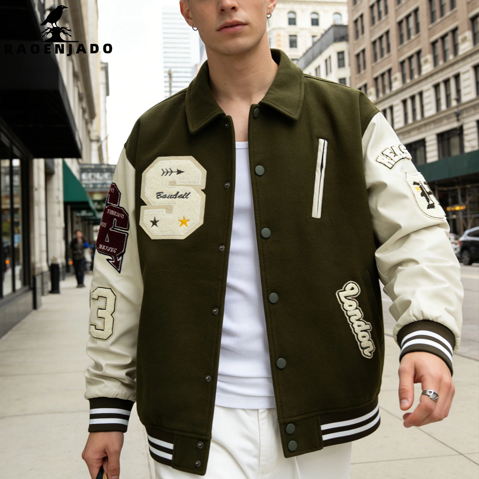Men's Letterman Jacket Vintage Varsity Coat Patchwork Baseball Streetwear Outerwear with Faux Leather Sleeves & Fine Embroidery view 4
