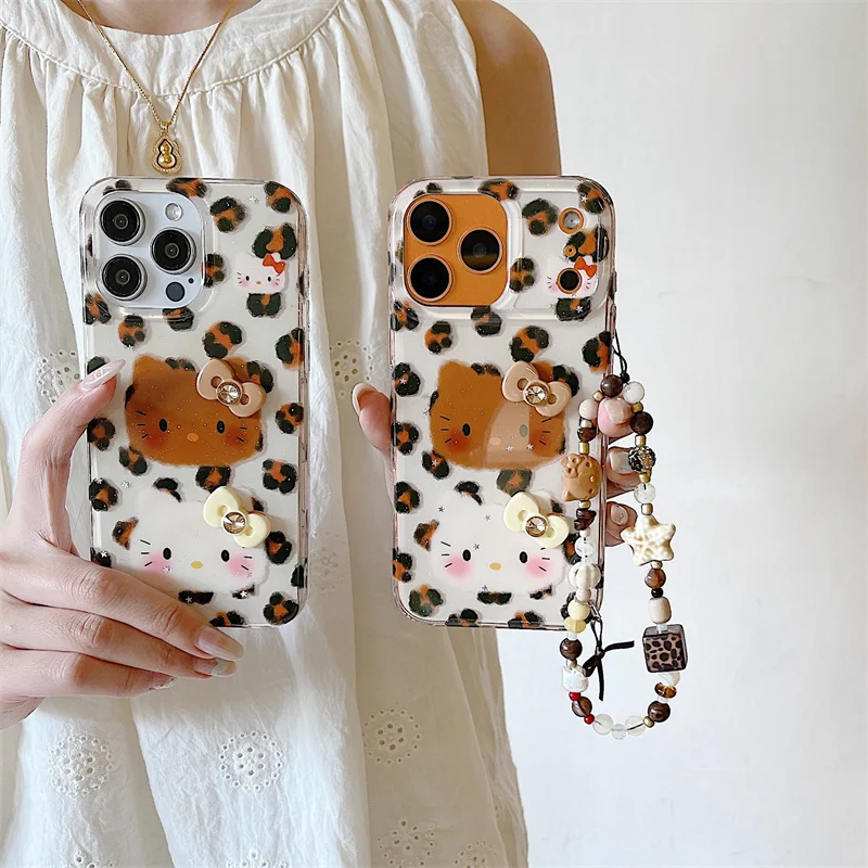 

Fashion Leopard Print Hellokitty Phone Case For iPhone 17 Pro 14 16 15 Pro Max Cover with Hand Chain Protective Cases Cartoon Ca