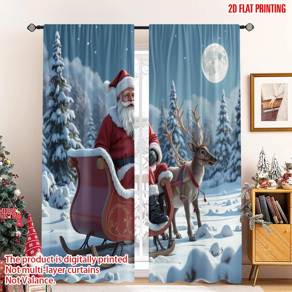 

2pcs 2D flat printing Merry Christmas Popular Curtain Santa Sleigh Reindeer Moon Polyester Without Electricity Festive Holiday