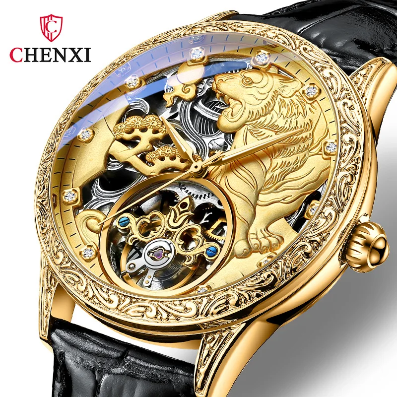 2023 Fashion Luxury Design Tiger Watch Men Tourbillon Watches CHENXI Leather Strap Automatic Mechanical Wristwatches Men Reloj