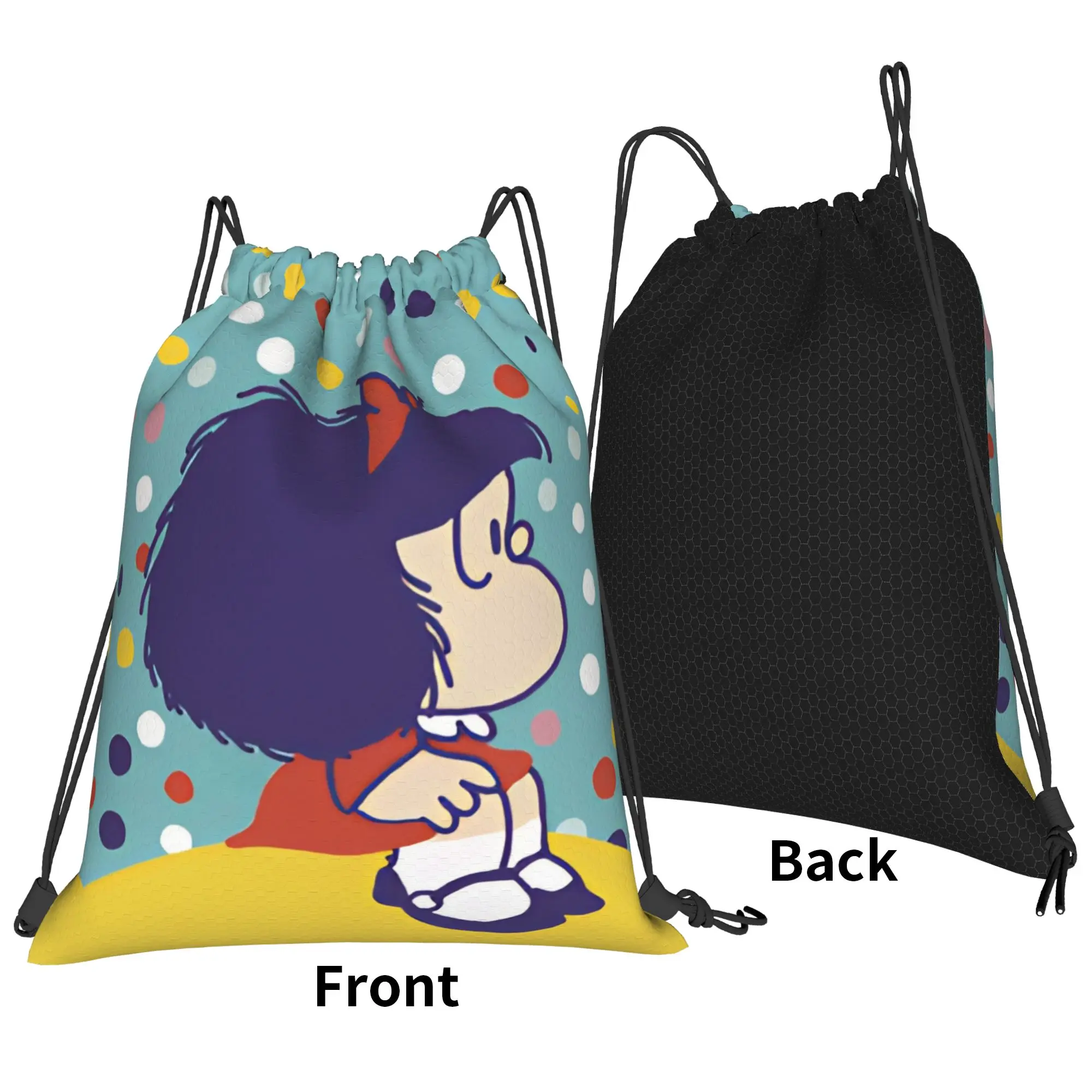 Mafaldas Polka Dot Cartoon Drawstring Backpack Sports Gym Bag Water Resistant  String Sackpack for Running 36cm (W) x 43cm (H)