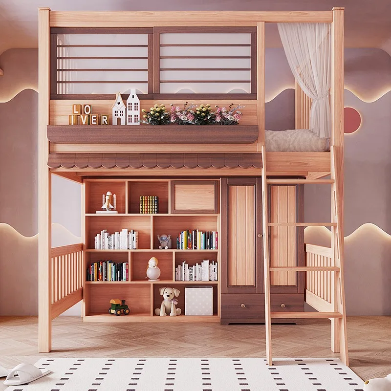 Loft High Bed With Desk Underneath Bookcase Wardrobe Combo For Small Space Kids Adult Bunk Beds Elevated Second Floor Sleeping view 3