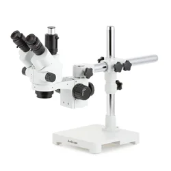 AmScope Simul-Focal Lockable Zoom Trinocular Stereo Microscope 7X-45X Magnification on Single Arm Boom Stand or in black