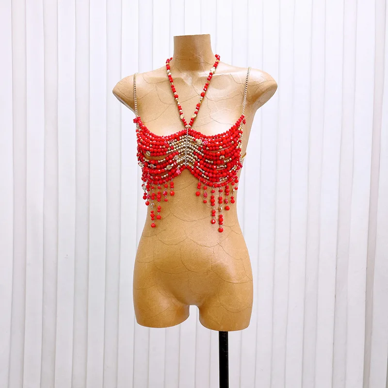 

Red Ladies Body Chain Harness Bra Fashion Jewelry Crop Top for Summer Beach Party Club Music Festival Outfit