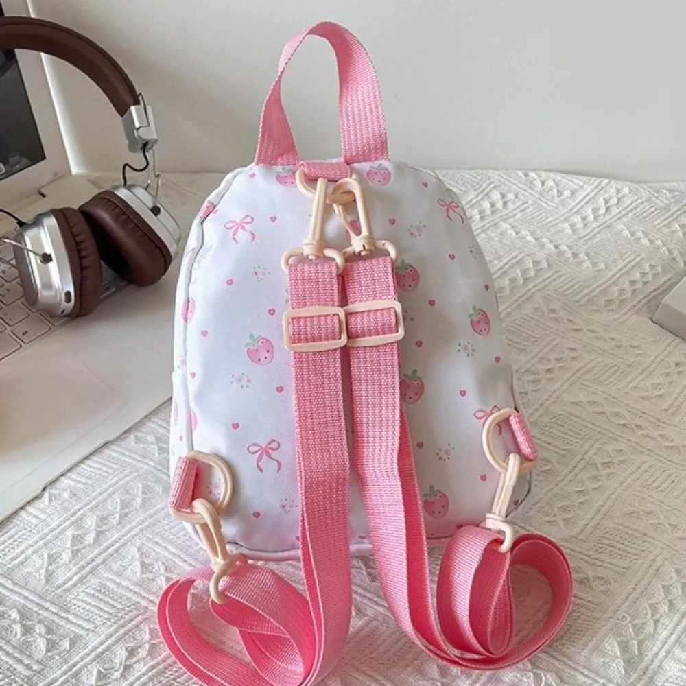 Stylish Lightweight Mini Backpack Strawberry Nylon Bowknot Printed Bag Small Polyester Daypack Daily Use